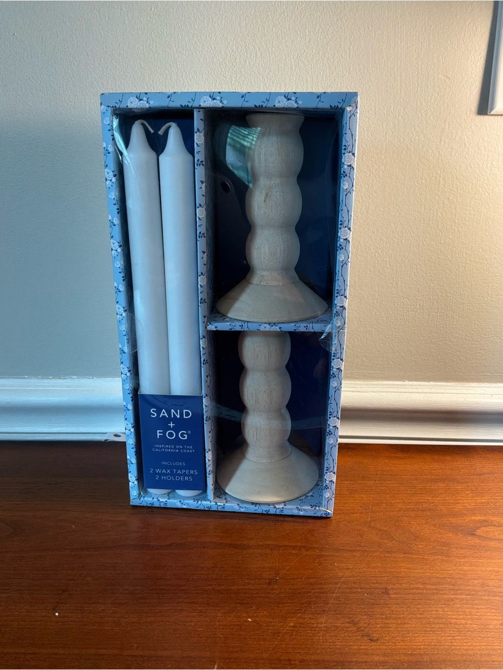 Sand + Fog Natural Wood Candle Holders with White Tapers Candles